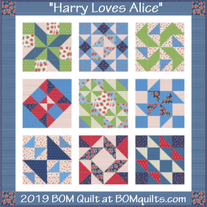 “Harry Loves Alice” 2019 Free BOM Quilt Pattern designed by TK Harrison from BOMquilts.com