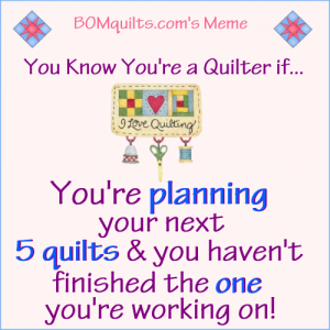 BOMquilts.com's meme: Isn't it one of the definitions of being a quilter?! Planning the next five to twenty quilts ahead of time without finishing the one you're working on?! At least that's how I am! What about you?