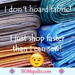 BOMquilts.com's Meme: Hoarding is now considered a mental health disease. I don't have that one (though I might have a few others). I don't have a problem with shopping except when I have to hide my stash!