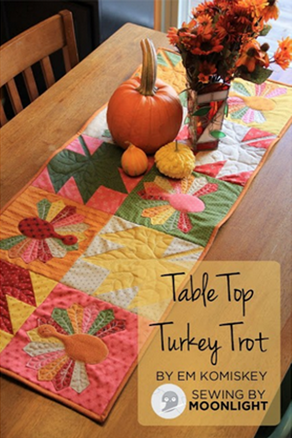 "Table Top Turkey Trot" is a Free Thanksgiving Quilted Table Pattern designed by Em Komiskey from Sewing by Moonlight!