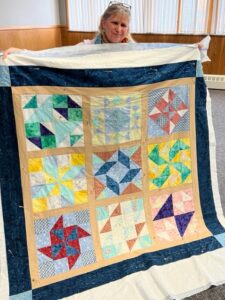 "Happiness is Quilting" 2017 BOM quilt is an original design by TK Harrison. Made by Diane R. with the Quilting Ministry of Manahawkin Baptist Church!