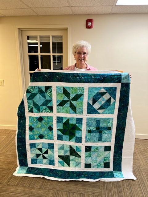 "Happiness is Quilting" 2017 BOM quilt is an original design by TK Harrison. Made by Kathleen T. with the Quilting Ministry of Manahawkin Baptist Church!
