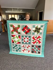 "Happiness is Quilting" 2017 BOM quilt is an original design by TK Harrison. Made by Margot A. with the Quilting Ministry of Manahawkin Baptist Church!