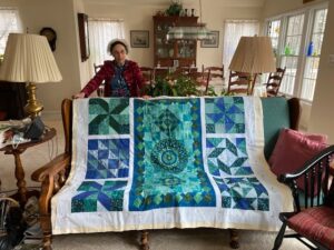 "Happiness is Quilting" 2017 BOM quilt is an original design by TK Harrison. Made by Mary Ellen H. with the Quilting Ministry of Manahawkin Baptist Church!
