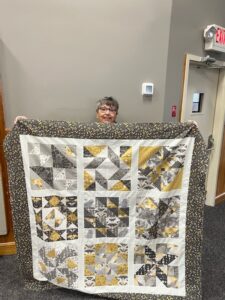 "Happiness is Quilting" 2017 BOM quilt is an original design by TK Harrison. Made by Sue K. with the Quilting Ministry of Manahawkin Baptist Church!