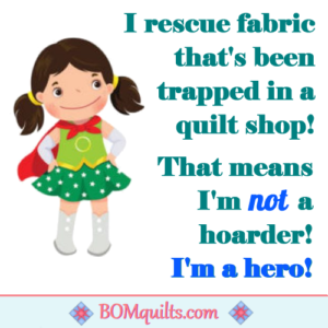 BOMquilts.com's Meme: All I have to do is to put on my cape, go into the quilt shop & I become a hero!