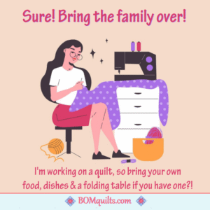 BOMquilts meme: I do not mind if you want to come over! As long as you understand that I will be quilting the whole time you are here!