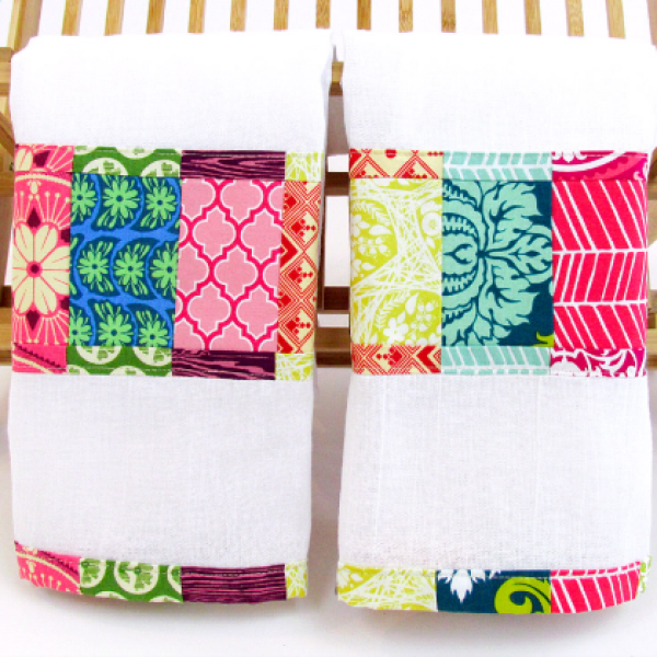 "Scrappy Patchwork Border Dish Towels” is a Spring Quilted or Sewn Kitchen Pattern edited by Liz Johnson from Sew 4 Home!