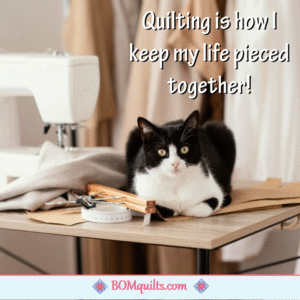 BOMquilts meme: One stitch at a time is all it takes to compartmentalize my life! It is like quilt therapy for my brain! Just give me five minutes in my quilt studio & all is well with my world...until the next time I need a time out!