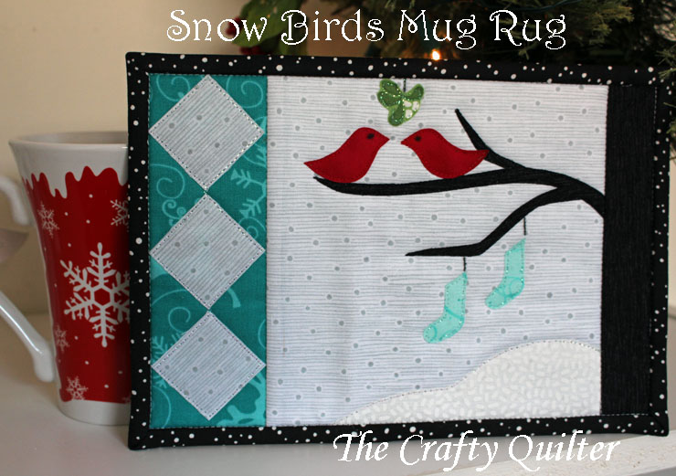 “Snow Birds” Free Quilted Mug Rug Pattern designed by Julie Cefalu from The Crafty Quilter
