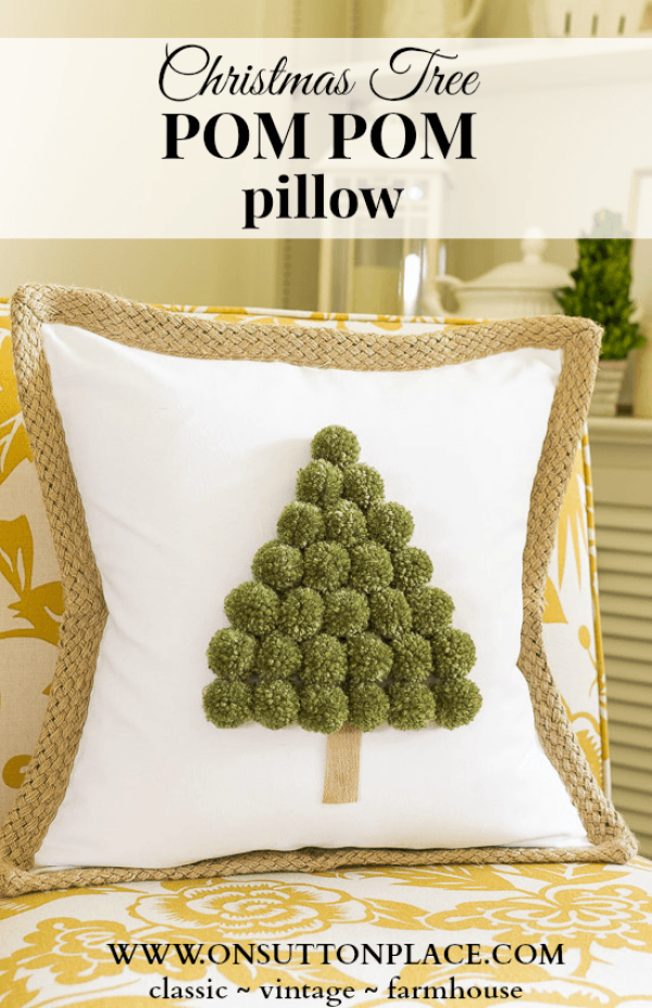 “Christmas Tree Pom Pom Pillow” is a Free Quilted or Sewn Christmas Project designed by Ann from One Sutton Place