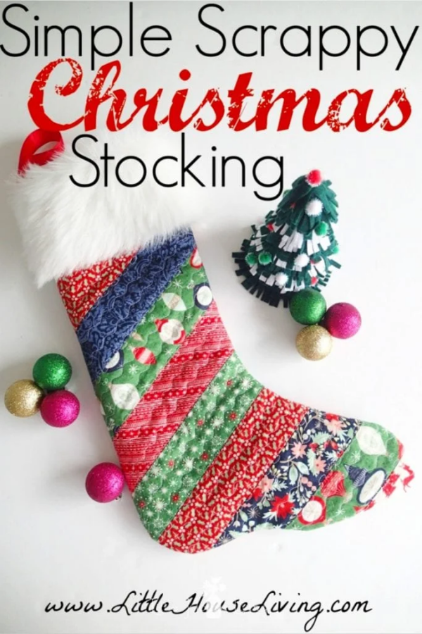 “Simple Scrappy Christmas Stocking” is a Free Quilted or Sewn Christmas Project designed by Merissa from Easy Peasy Creative