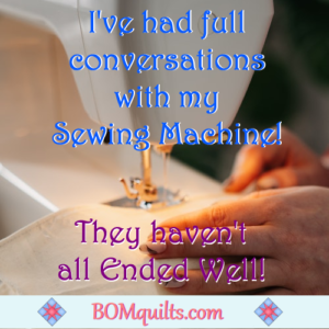 BOMquilts.com's meme: When I can't talk to my sewing machine I talk to the dogs. They haven't always ended well, either!