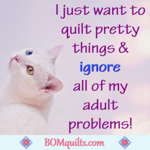 BOMquilts.com's Meme: Adult problems? What Adult Problems?! Pet me cause I'm pretty! Pet all of the kitty cats & all of the fabric!