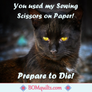 BOMquilts meme: There are paper scissors! Then there are fabric scissors! Keep it straight or prepare for the consequences!