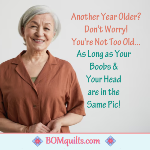 BOMquilts meme: Just because you have another birthday it doesn't mean that you're over the hill! It's all about your photos! And whether or not your headshot includes your head & your girls!