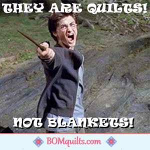 BOMquilts meme: If Harry Potter says so, then you had better listen to him, or risk a spell put on you! A quilt is a quilt & a blanket is a blanket! The two are NOT the same thing!