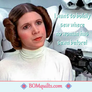 BOMquilts meme: No matter what galaxy you are in, regardless of your cinnamon bun hairdo, sew boldly to make an out-of-this-world quilt!