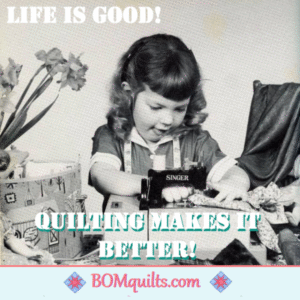 BOMquilts meme: Quilting makes everything better! Even a wee lass who is just starting to learn how to quilt, she knows what it takes to make life more fun!