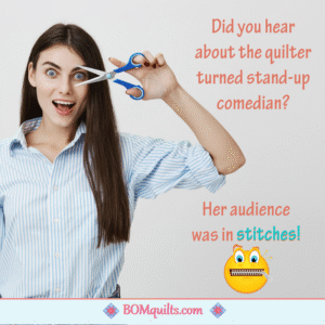 BOMquilts meme: I might occasionally have my husband's sick sense of humor! Especially when it comes to quilt jokes! Sometimes I laugh so hard that my sides hurt & I am in STITCHES over it!