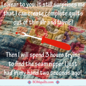 BOMquilts meme: How is it possible for me to design & create quilts at the drop of a hat. Yet my seam ripper disappears every time that I turn around & it takes me forever to figure out where I set it down!